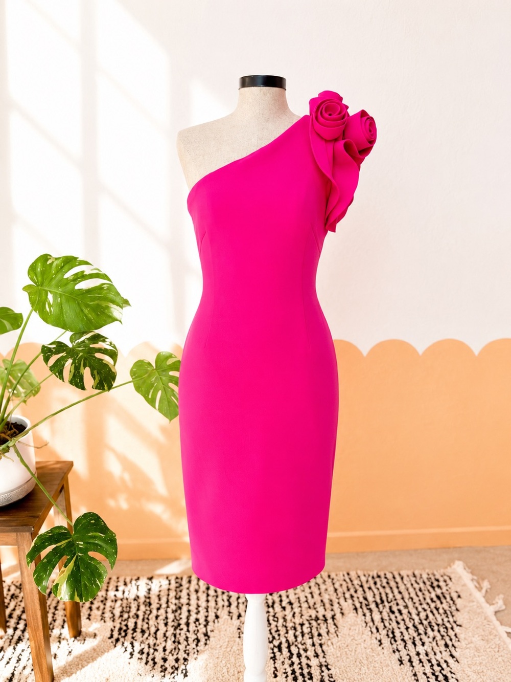 Eliza J One-Shoulder Hot Pink Sheath Dress with Floral Shoulder